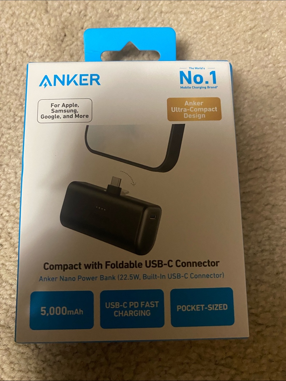 Anker Nano Power Bank with Foldable USB-C Connector - Black & Blue